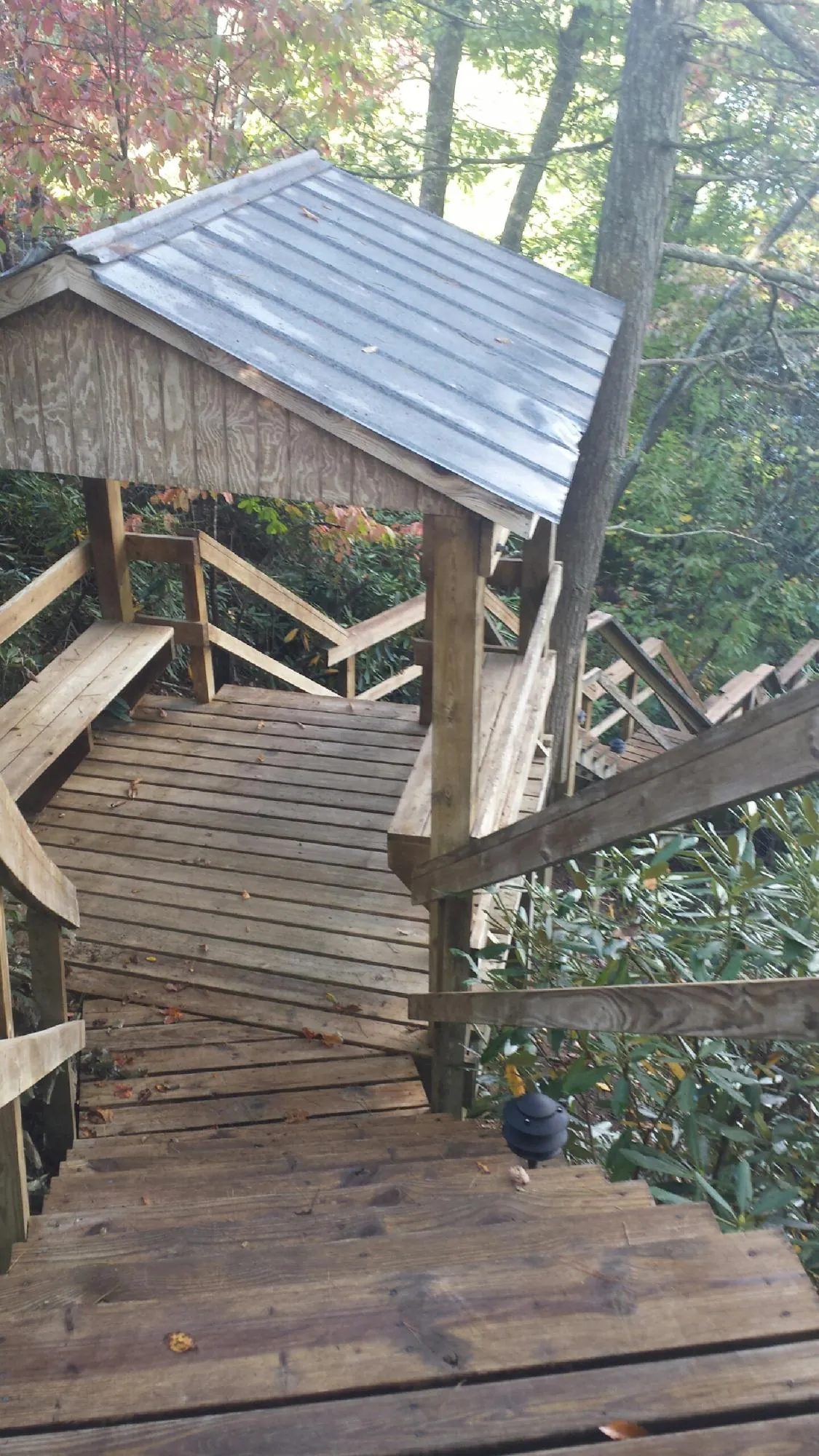 Metal roofed shelter over wooden steps on a wooded walkway — Skylight Repair & Installation work by our crew in Mays Landing